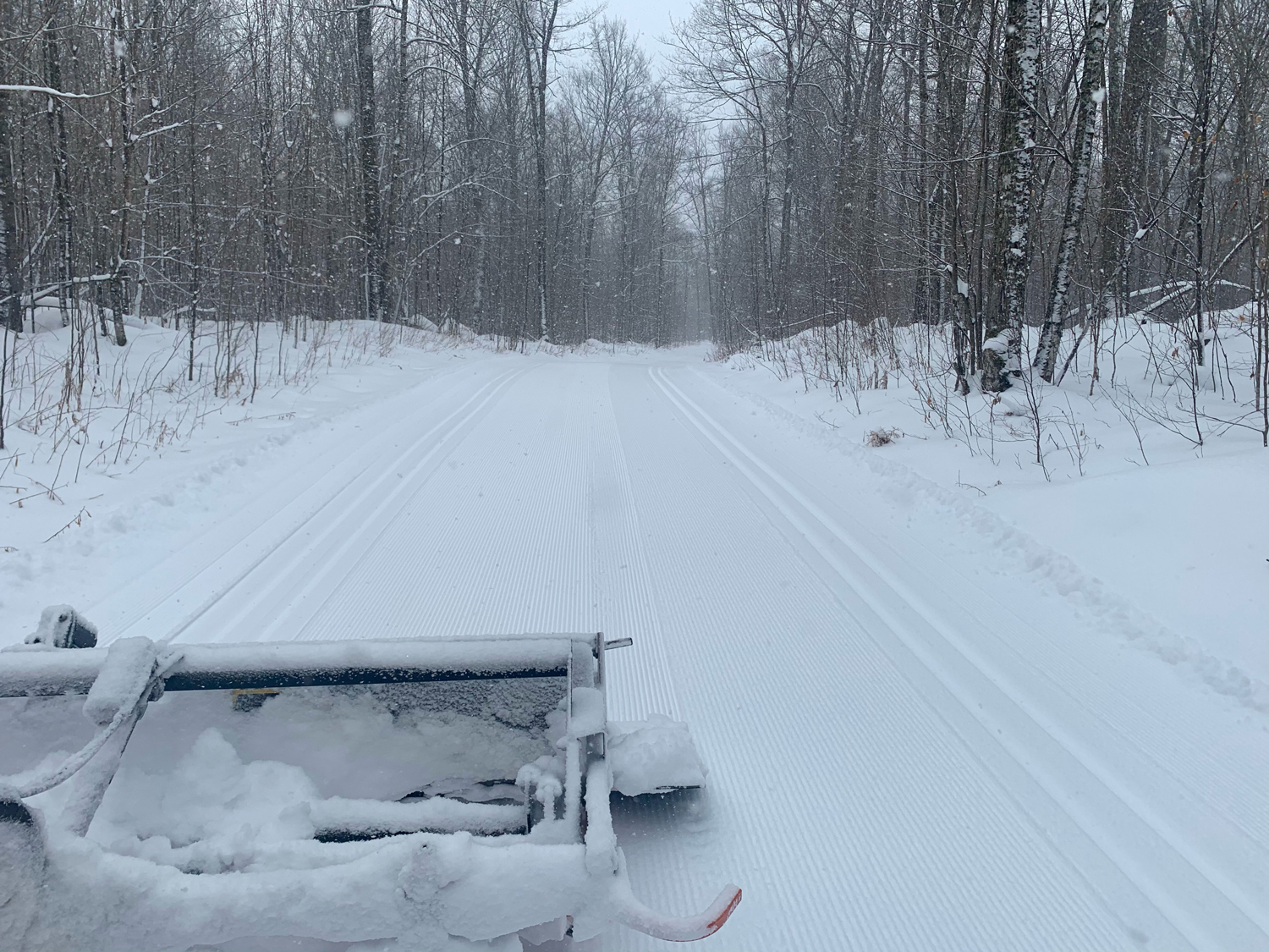 Freshly-groomed and tracked ski trail at WinMan